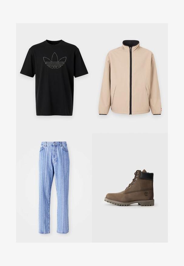 Beige jakke med høj krave, frontlynlås og sorte detaljer. Har to sidelommer og elastiske ærmeafslutninger. Glat tekstur.; Sort bomuld T-shirt med et stort, omridset Adidas-logo i reflekterende materiale med vandrette linjer på forsiden. Korte ærmer.; Lysblå denimjeans med lodrette hvide striber, lige pasform, femlomme-stil og knaplukning i taljen.; Brune læder ankelstøvle med sort krave, metaløjer og slidstærk grå sål. Har logo på siden og syet detaljer.