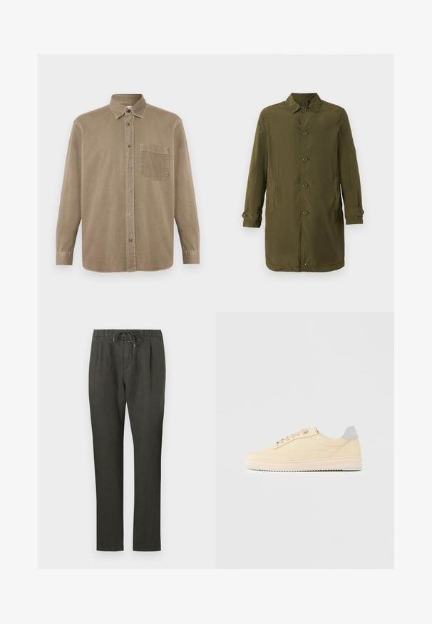 Olivengrøn frakke, lang design, lavet af letvægtsstof. Har en spids krave, frontknaplukning og to sidelommer.; CLOSED FORMAL ARMY SHIRT - Skjorter - rock beige; Mørkegrå linnedbukser med snoretræk i taljen. Lige ben-design, letvægtsstof, minimal detaljer og glat tekstur.; Beige lavtop sneaker med snørelukning foran, lyserød sål og grå hællap med mærket "Filling Pieces", vist i profil på ensfarvet baggrund.