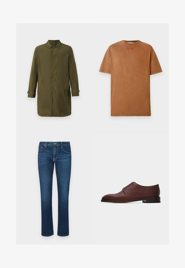 Olivengrøn frakke, lang design, lavet af letvægtsstof. Har en spids krave, frontknaplukning og to sidelommer.; Iceberg T-shirts print - nocciola; Mørkeblå denimjeans med lige ben-design, klassisk fem-lomme stil og en knaplukning i taljen. Glat tekstur.; Klassisk herresko i brunt læder af oxfordtype med lav hæl og lukkede snørebånd, vist i profil på en simpel lys baggrund.