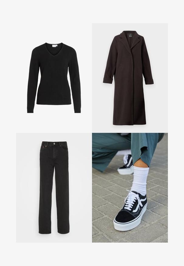 Lang, mørkebrunt frakke lavet af uld-blandet stof, med en klapkrave, to frontlommer og opbarte ærmer. Enkelt, strømlinet design.; Sort V-hals sweater lavet af blødt stof, med lange ærmer, ribbet kant og manchetter, i et enkelt og klassisk design.; Sorte lige jeans med fem lommer, forknap og bæltesløjfer, præsenteret mod en hvid baggrund.; Sorte ruskinds sneakers med hvide accenter og snørebånd, der har en tyk hvid sål og kontrasterende syninger, parret med en hvid sok.