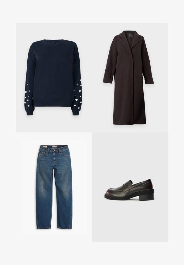 Lang, donkerbruin jas gemaakt van een wolmix, met een notch-kraag, twee voorzakken en opgerolde manchetten. Eenvoudig, gestroomlijnd ontwerp.; Marineblauwe sweatshirt met lange mouwen, voorzien van verspreide zilveren hartpatronen op de mouwen, ribgebreide manchetten en ronde halslijn.; Blauwe denim jeans met een relaxte pasvorm, voorzien van een hoge taille, rechte pijpen, zichtbare stiksels en een kleine accent op de linkerknee.; Donkerbruine leren instappers met een ronde neus, gestikte details en een gematigd blokhak. Fluweelzachte textuur, minimalistisch ontwerp.