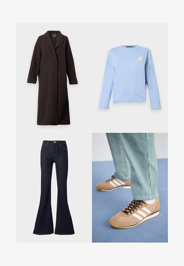 Lang, mørkebrunt frakke lavet af uld-blandet stof, med en klapkrave, to frontlommer og opbarte ærmer. Enkelt, strømlinet design.; Lyseblå langærmet t-shirt lavet af blød bomuld, med et lille broderet motiv af en kurv med frugt på venstre brystområde.; Mørkeblå, højttaljede flare-jeans med frontknap, lynlås og synlige kontrastsømme på lommer og sømme.; Tan ruskind og mesh sneakers med brune snørebånd og tre hvide striber. Parret med grønne og hvide stribede bukser, hviler på en blå overflade.