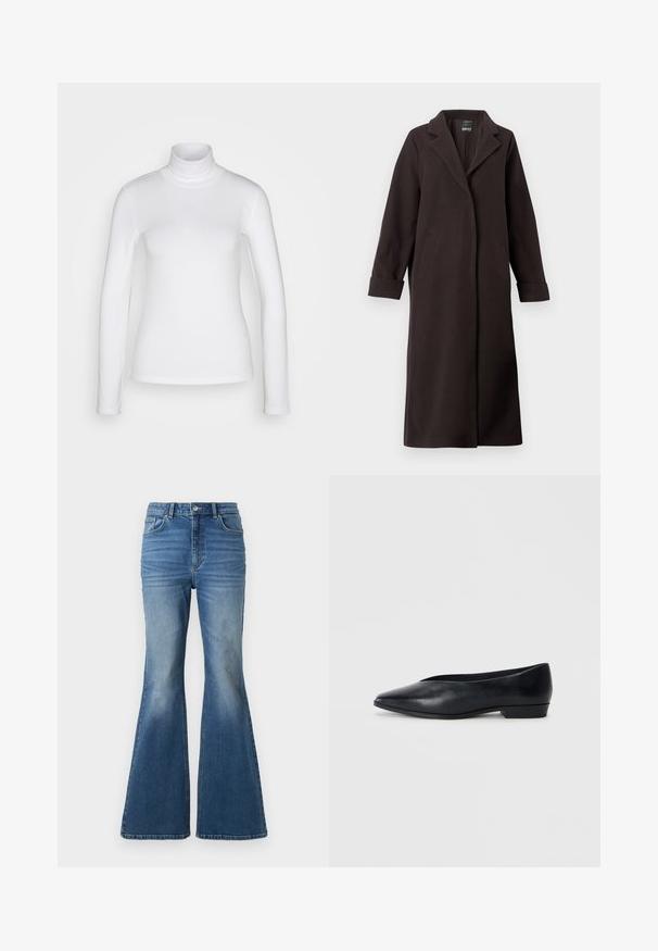 Lang, donkerbruin jas gemaakt van een wolmix, met een notch-kraag, twee voorzakken en opgerolde manchetten. Eenvoudig, gestroomlijnd ontwerp.; Witte langemouwen turtle neck shirt van een soepel, rekbaar stof. Heeft een strakke pasvorm en een hoge kraag. Geen zichtbare patronen of accenten.; Hoggewaisted, uitlopende blauwe spijkerbroek met een vervaagde wassing, voorzien van twee achterzakken, een knoopsluiting en gestikte details op de naden.; Zwart leren platte schoen met een spitse neus, iets verhoogde hak en een glad oppervlak. Eenvoudig ontwerp zonder zichtbare hardware of patronen.
