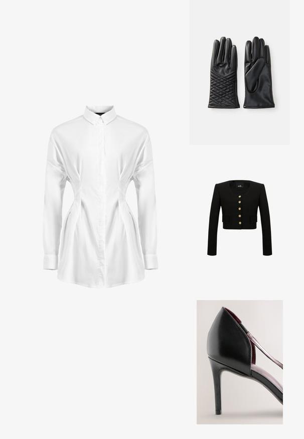 Veste noire courte à manches longues, fermeture à boutons dorés sur le devant, deux poches avant et un col rond. Texture de tissu lisse.; Chemise blanche à manches longues en tissu lisse, avec une fermeture à boutons à l'avant, un col pointu et des détails froncés sur les côtés pour un effet épuré.; Sandale noire à talon haut avec finition brillante, dos ouvert, et fine sangle rose. Caractérisée par une silhouette élégante et un talon aigu étroit.; Gants en cuir noir au design épuré. Le gant gauche présente une texture matelassée, tandis que le gant droit a une finition lisse.