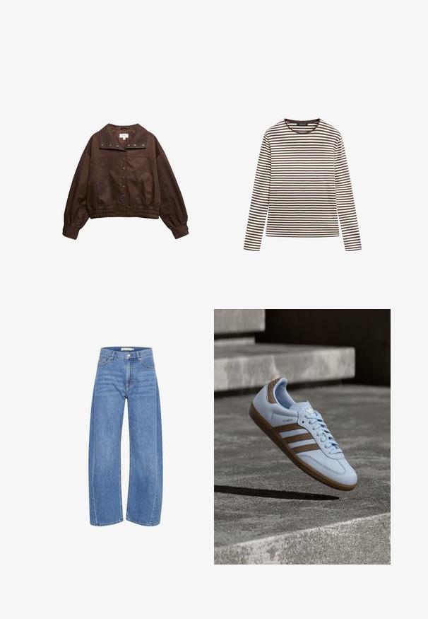 Mørkebrun kort jakke med trykknapper, elastisk talje, lange ærmer og bred krave.; Langærmet rundhalset shirt med vandrette brune og hvide striber, lige kant og en figursyet silhuet.; Lyseblå denim wide-leg jeans med høj talje, der har en knap- og lynlåslukning, fem lommer og subtile falmede detaljer.; Lyseblå sneakers med brune ruskindsdetaljer, tre laterale striber, flade snørebånd og en tekstureret gummisål. Mærkelogo på tungen.