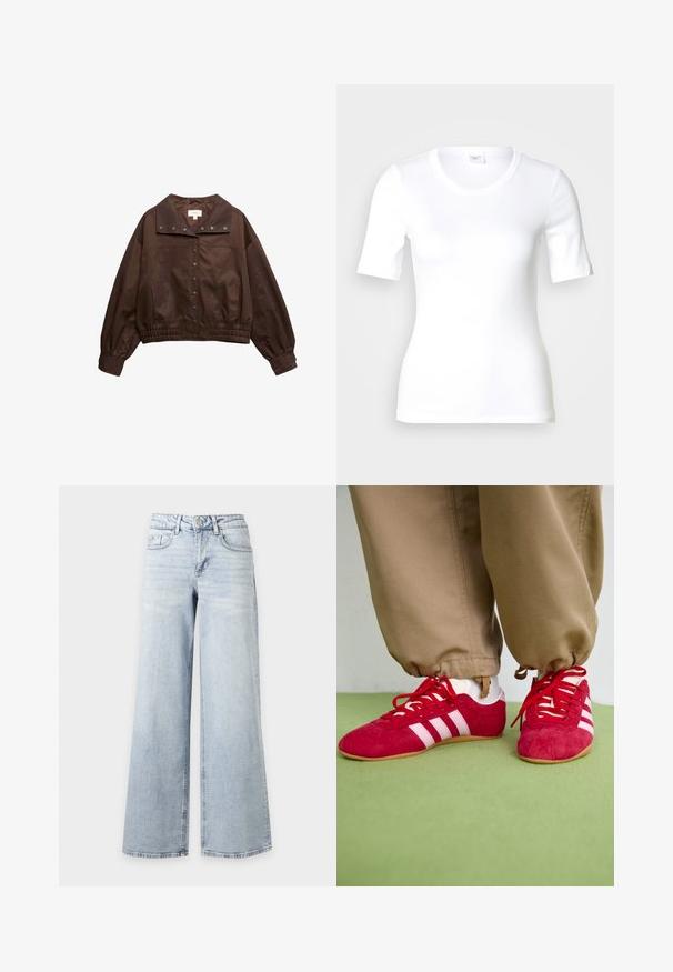 Donkerbruine cropped jas met drukknoopsluiting, elastische tailleband, lange mouwen en een brede kraag.; Wit T-shirt met korte mouwen van glad katoen, met een ronde halslijn en een aangesloten pasvorm. Klassiek ontwerp, zonder patronen of accenten.; Lichtblauwe, hoge taille, wijde jeans met knoop- en ritssluiting, voor- en achterzakken, afgebeeld op een effen witte achtergrond.; Rode suède sportschoenen met witte strepen, vlakke rubberen zool en rode veters. Draag met beige broeken, gepositioneerd op een groene ondergrond.
