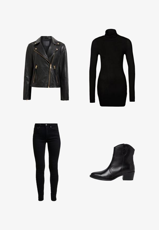 Schwarze Motorrad-Lederjacke mit goldenen Beschlägen, asymmetrischem Reißverschluss, mehreren Reißverschlusstaschen und einem Kragen.; Schwarzes langärmliges Turtleneck-Top in einer taillierten Passform. Weicher, dehnbarer Stoff mit hohem, gerolltem Kragen und eng anliegenden Ärmeln.; Schwarze, enge Jeans aus Denim mit hoher Taille, ausgestattet mit Fronttaschen, einer kleinen Münztasche und einem Metallknopfverschluss. Weicher, dehnbarer Stoff.; Schwarze Leder-Stiefeletten mit einer spitzen Zehenform, geschwungenen Seitennähten und einem niedrigen Blockabsatz. Verfügt über einen Reißverschluss und eine glatte Textur.