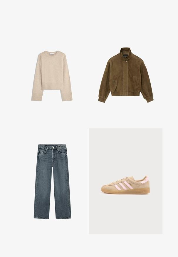 Bruine suède bomberjack met opstaande boord, drukknoopsluiting aan de voorkant, geribde manchetten en zoom, en twee voorzakken met klep en drukknoopsluiting.; Beige cropped sweater gemaakt van zacht breimateriaal. Heeft een ronde halslijn, lange mouwen en geribde boorden en onderkant voor extra textuur.; Blauwe denim jeans met rechte pijpen, voorzakken, riemlussen en een knoopsluiting in de taille, plat liggend op een witte achtergrond getoond.; Beige Adidas Munich sneaker met roze strepen, rubberen zool en gouden "Munich" tekst aan de zijkant, gezien vanaf de binnenkant op een witte achtergrond.