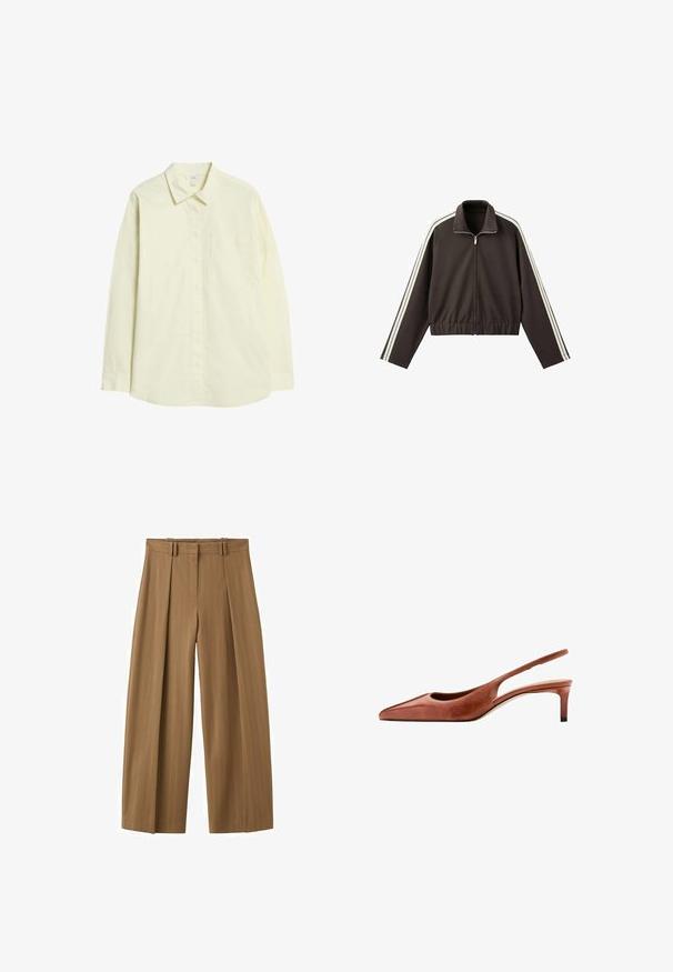 Veste marron à fermeture éclair, fabriquée en tissu lisse, avec des rayures blanches sur les côtés, un col montant et une taille ajustée. Manches longues incluses.; Chemise à manches longues jaune clair en coton, avec un devant à boutons, un col et une poche à la poitrine gauche. Texture lisse, coupe standard.; Pantalon marron taille haute à jambes larges avec fines rayures, plis sur le devant, passants pour ceinture et fermeture éclair dissimulée sur le devant.; Chaussure slingback en cuir marron à bout pointu, petit talon kitten et fine bride autour du talon sur fond blanc.