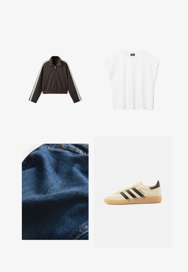 Bruine jas met ritssluiting van gladde stof, voorzien van witte zijstrepen, een hoge kraag en een aansluitende tailleband. Inclusief lange mouwen.; Witte mouwloze crop top met ronde hals en brede schouders, met een zwart "B6" label aan de binnenkant van de kraag.; Denimstof in donkerblauw, met een gladde textuur en subtiele geweven variaties, en contrasterende stikseldetails.; Crèmekleurige suède sneaker met zwarte strepen, rubberen zool, zwart hieltabje en gouden "SPEZIAL" tekst aan de zijkant.