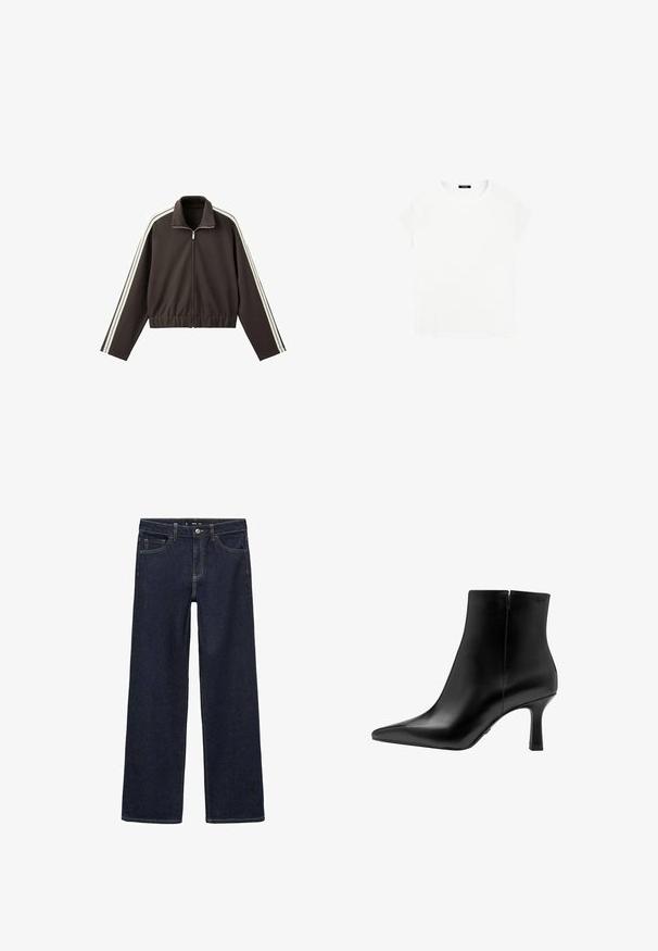 Braune Reißverschlussjacke aus glattem Stoff, mit weißen Seitenstreifen, hohem Kragen und tailliertem Bund. Lange Ärmel inklusive.; Weißes Baumwoll-T-Shirt mit rundem Ausschnitt und kurzen Ärmeln. Einfaches Design, ohne Muster oder Akzente. Weiche, glatte Textur.; Dunkel gewaschene Jeans mit einer lockeren Passform. Mit hohem Bund, fünf Taschen und kontrastierenden Nähten. Gerades Bein-Design, ohne Verzierungen.; Schwarze Leder-Stiefelette mit spitzer Zehe, hohem Stiletto-Absatz, glatter Textur und minimalistischem Design. Verfügt über einen Reißverschluss auf der Rückseite.