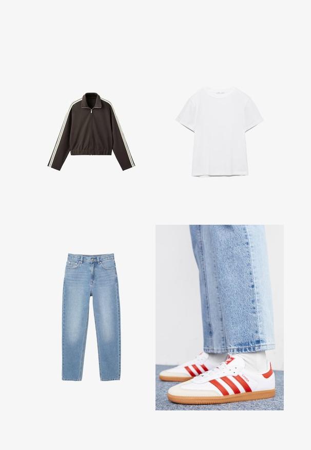 Bruine jas met ritssluiting van gladde stof, voorzien van witte zijstrepen, een hoge kraag en een aansluitende tailleband. Inclusief lange mouwen.; Effen wit T-shirt met korte mouwen en ronde hals, met een rechte zoom, gepresenteerd tegen een witte achtergrond.; Lichtblauwe denim jeans met een rechte snit, vijf zakken en een ritssluiting aan de voorkant. De stof vertoont een lichte vervaging en heeft een gladde textuur.; Witte leren sneakers met rode strepen en accenten. Voorzien van een getextureerde gumrubberen outsole en een gevoerde kraag. Draag ze met lichtblauwe denim.