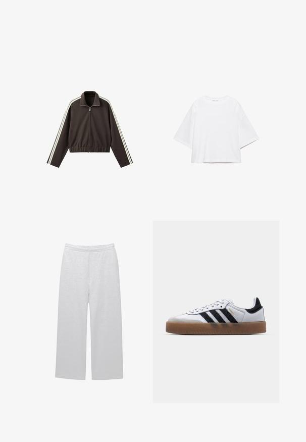 Veste marron à fermeture éclair, fabriquée en tissu lisse, avec des rayures blanches sur les côtés, un col montant et une taille ajustée. Manches longues incluses.; T-shirt blanc à manches courtes, coupe carrée, en coton doux. Présente un col rond et des manches larges, avec un design épuré et simple.; Pantalons blancs à jambes larges en tissu doux avec une taille élastique et deux poches latérales ; texture lisse et détails minimaux.; Baskets en cuir blanc avec des rayures noires, semelle extérieure en caoutchouc beige, bout rond, fermeture lacée et embout en suède gris doux.