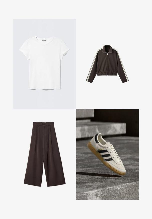 Veste marron à fermeture éclair, fabriquée en tissu lisse, avec des rayures blanches sur les côtés, un col montant et une taille ajustée. Manches longues incluses.; T-shirt blanc uni à manches courtes avec col en V et une petite étiquette "WEEKDAY" à l'intérieur du col, présenté sur un fond gris clair.; Pantalon à jambes larges en tissu brun foncé, avec des plis, une fermeture par bouton, et une texture lisse ; longueur cheville avec une coupe ajustée.; Baskets Adidas Spezial blanches avec des rayures noires et une semelle en gomme flottant au-dessus de marches en pierre grises à l'extérieur.