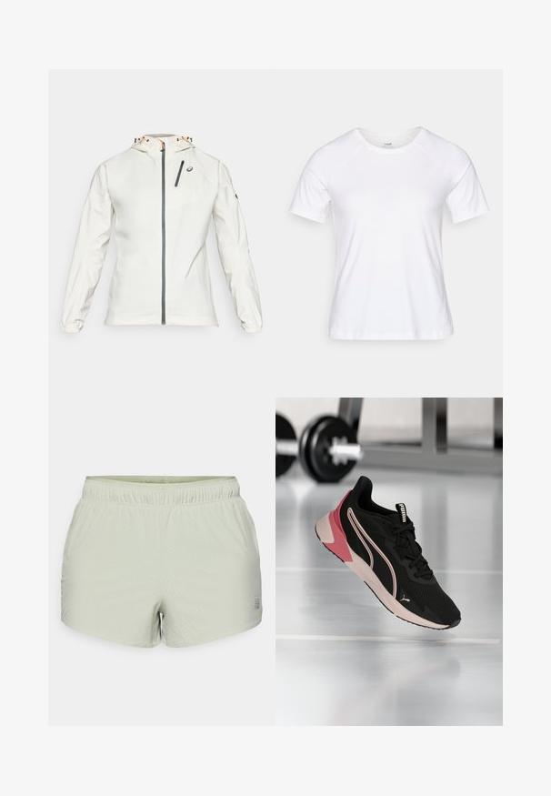 Lichte, witte jas met een rits aan de voorkant, een verstelbare capuchon en elastische manchetten. Voorzien van een grijze ritsborstzak en logo-accent.; Witte t-shirt met korte mouwen, gemaakt van een zachte katoenmix, met een ronde halslijn en raglanmouwen, gladde textuur zonder patronen.; Lichtgroene sportshorts van ademend materiaal, met een geperforeerde textuur en elastische tailleband. Logo aan de zijkant gedrukt.; Zwart en roze Puma hardloopschoen zwevend boven een reflecterende sportschoolvloer, met vervaagde dumbbells op de achtergrond.