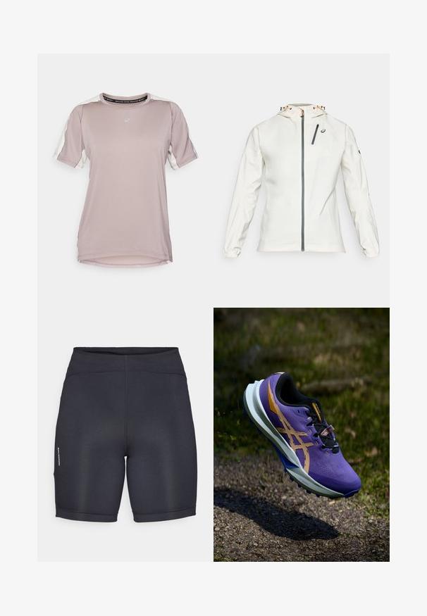 Lett, hvid jakke med lynlås foran, justerbar hætte og elastiske manchetter. Har en grå lynlåslomme på brystet og logoaccent.; ASICS FUJITRAIL ELITE TOP - Sports T-shirts - rainstorm grey/cream; Sorte atletiske shorts i glat, strækbart stof. Har en høj talje og logo-detaljer på siden. Simpelt, elegant design.; Lilla løbesko med en struktureret overdel, sorte snørebånd og et gyldent logo; hvid mellemsål og blå detaljer på sålen.
