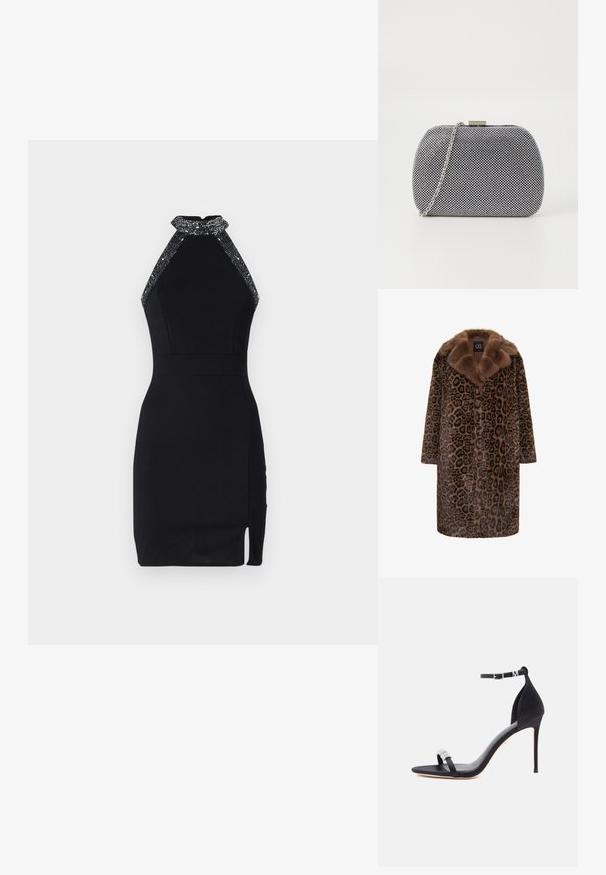 Abrigo de piel de leopardo con un collar de piel sintética marrón, que presenta un corte recto y cierre frontal oculto. Textura suave y patrones audaces.; Vestido negro de corte halter con un diseño ajustado, escote adornado, abertura lateral y textura suave. Cuenta con un cierre trasero seguro.; Sandalia de satén negro con tacón alto, una delgada correa, hebilla en el tobillo y un adorno decorativo de pedrería en la correa delantera.; Bolso de mano texturizado en blanco y negro con forma redondeada, correa de cadena plateada y un cierre de metal en la parte superior.