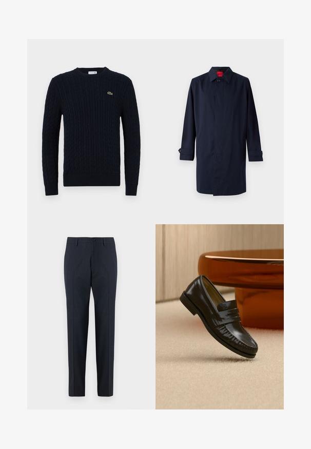 Mørkeblå trenchcoat med spids krave, enkelt knaplukning og oprullede ærmer med knapdetaljer. Glat tekstur, minimalistisk design.; Marineblå striktrøje med kabelmønster, rund hals, ribkant ved ærmer og bund samt et lille grønt krokodillelogo på brystet.; DRYKORN AJEND - Chino - blue; Skinnende sort læderloafer med remdetalje, placeret på beige tæppe nær et rundt brunt sofabord i et blødt oplyst rum.