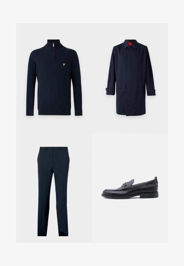 Mørkeblå trenchcoat med spids krave, enkelt knaplukning og oprullede ærmer med knapdetaljer. Glat tekstur, minimalistisk design.; Marineblå pullover med halv lynlås ved kraven, lavet af glat stof; har et lille gult broderet logo på brystet.; Marineblå formelle bukser med bæltestropper, forlommer og lige ben, præsenteret på en neutral baggrund.; Sort lædermokasin med grå tekstureret forfod, sølvfarvet metalspænde, lav hæl og trækflap bagpå.