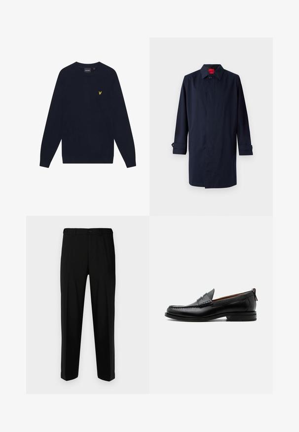 Mørkeblå trenchcoat med spids krave, enkelt knaplukning og oprullede ærmer med knapdetaljer. Glat tekstur, minimalistisk design.; Mørkeblå langærmet crew neck sweater med et lille gult broderet ørnelogo på venstre bryst.; Sorte bukser lavet af glat stof, med lige snit, to forlommer og lynlås med knaplukning.; Sort læder herre loafer med moc-tå syning, penny strop, struktureret krave og lav stablet hæl på hvid baggrund.
