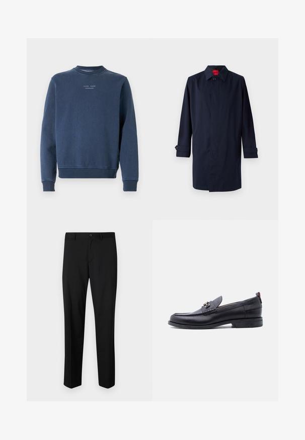 Manteau en bleu marine avec un col pointu, fermeture à un bouton et manches retroussées avec des accents de boutons. Texture lisse, design minimaliste.; Sweatshirt bleu marine en coton texturé. Doté d'un col rond, de manches longues et de bords côtelés. Marquage visible sur la poitrine.; Pantalons noirs ajustés avec une coupe plate, taille standard et jambes droites. Fabriqués en tissu lisse, dotés d'une fermeture à un bouton.; Mocassin en cuir noir avec empeigne texturée grise, détail boucle en métal argenté, petit talon et languette à l'arrière.