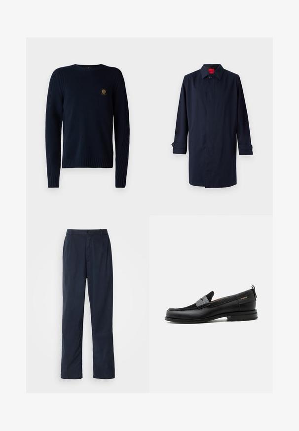 Mørkeblå trenchcoat med spids krave, enkelt knaplukning og oprullede ærmer med knapdetaljer. Glat tekstur, minimalistisk design.; Belstaff WATCH CREWNECK JUMPER - Striktrøje - dark ink; Mørkeblå bukser lavet af en bomuldsblanding. Har et lige ben design, en frontknaplukning og diskrete plisser. Glat tekstur.; Sort læderloafer med grå remdetalje, lav hæl og tekstureret sål, mærket med "HUGO" i guld på siden.