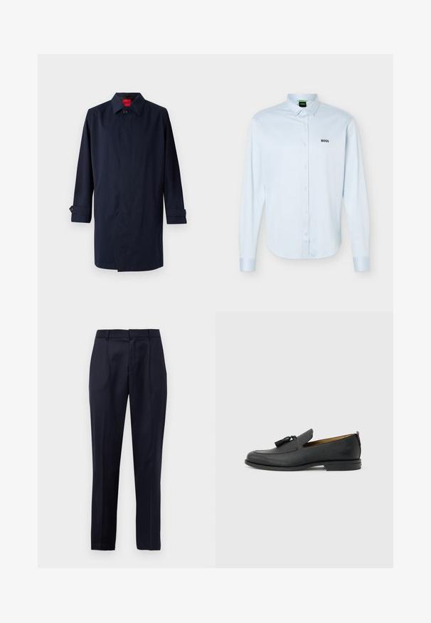 Marineblauwe trenchcoat met een puntige kraag, enkele knoopsluiting en opgerolde mouwen met knoopaccenten. Gladde textuur, minimalistisch ontwerp.; Lichtblauw overhemd met lange mouwen, knopen en kraag, zwart "BOSS"-logo op de linkerborst en manchetten met knopen.; Marineblauwe op maat gemaakte broek met plooien aan de voorkant, riemlussen en een taps toelopend ontwerp op een witte achtergrond.; Zwarte leren herenslof met kwastjes, ronde neus, lage hak en trekkoord aan de achterkant, zijaanzicht op lichtgrijze achtergrond.