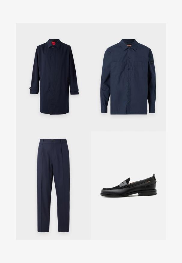 Mørkeblå trenchcoat med spids krave, enkelt knaplukning og oprullede ærmer med knapdetaljer. Glat tekstur, minimalistisk design.; Marineblå, langærmet skjorte med knapper, to brystlommer og krave, mærket med en lille "BOSS" label på venstre ærme.; Marineblå bukser lavet af glat stof, med lige ben, folder foran og en enkelt knaplukning i taljen.; Sort læderloafer med grå remdetalje, lav hæl og tekstureret sål, mærket med "HUGO" i guld på siden.