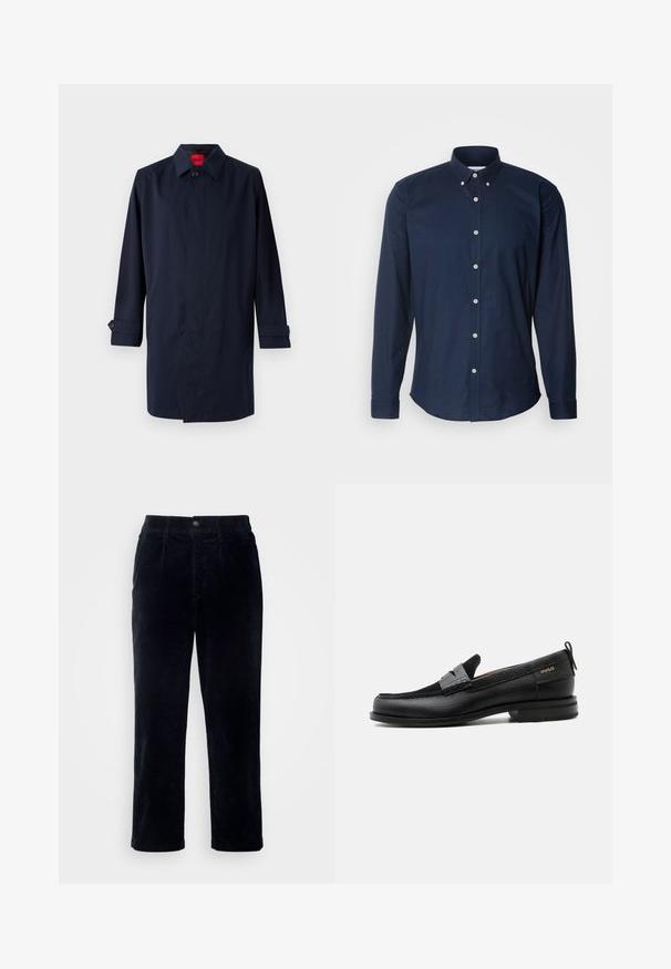 Tumesinine trench coat, millel on terav krae, ühe nööbiga kinni pandud ja üleskeeratud varrukad, millel on nööbiga aksendid. Sile tekstuur, minimalistlik disain.; Tumedast sinise värvi pikkade varrukatega särk, millel on nupukrae, ees nupud ja ümar hem. Valmistatud siledast puuvillast kangast.; Tumedast sinised korduroy püksid sirge jala lõikega, millel on nupuga kinnistus ja peen vertikaalne ribakujundus.; Must nahast loafer halli rihma detailiga, madala kand ja tekstuurse tallaga, külgedel kuldse "HUGO" brändiga.
