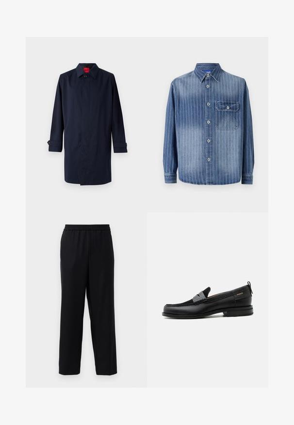 Mørkeblå trenchcoat med spids krave, enkelt knaplukning og oprullede ærmer med knapdetaljer. Glat tekstur, minimalistisk design.; Denimskjorte med vertikale lyseblå striber, klassisk krave, knaplukning, lomme på venstre bryst og lange ærmer med knapmanchetter.; Sorte bukser med elastisk talje, lige ben-design og et glat, let stof. Ingen synlige lommer eller mønstre.; Sort læderloafer med grå remdetalje, lav hæl og tekstureret sål, mærket med "HUGO" i guld på siden.