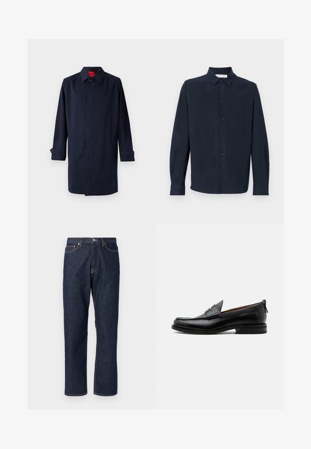 Mørkeblå trenchcoat med spids krave, enkelt knaplukning og oprullede ærmer med knapdetaljer. Glat tekstur, minimalistisk design.; Mørkeblå langærmet skjorte lavet af blødt stof, med knaplukning foran, spidse kraver og en enkelt brystlomme.; Mørkeblå denim jeans med lige ben-design. Har knappelukning og lynlås, fem lommer og kontraststikningsdetaljer.; Sort læder herre loafer med moc-tå syning, penny strop, struktureret krave og lav stablet hæl på hvid baggrund.