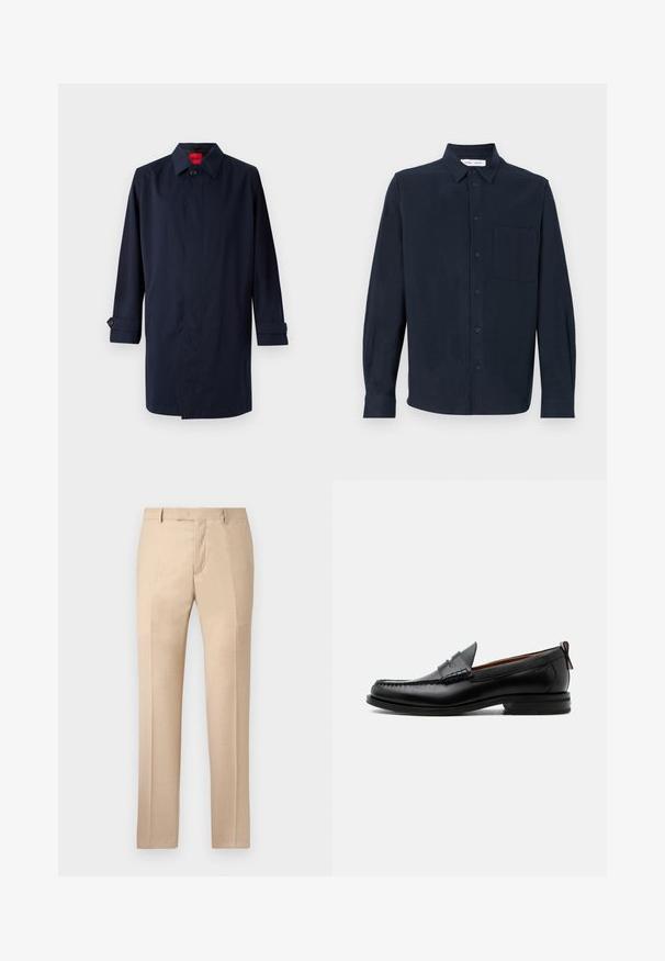 Mørkeblå trenchcoat med spids krave, enkelt knaplukning og oprullede ærmer med knapdetaljer. Glat tekstur, minimalistisk design.; Mørkeblå langærmet skjorte lavet af blødt stof, med knaplukning foran, spidse kraver og en enkelt brystlomme.; Beige skræddersyede bukser med en glat tekstur, flad front og lige ben. Har bæltestropper og en skjult lynlås.; Sort læder herre loafer med moc-tå syning, penny strop, struktureret krave og lav stablet hæl på hvid baggrund.