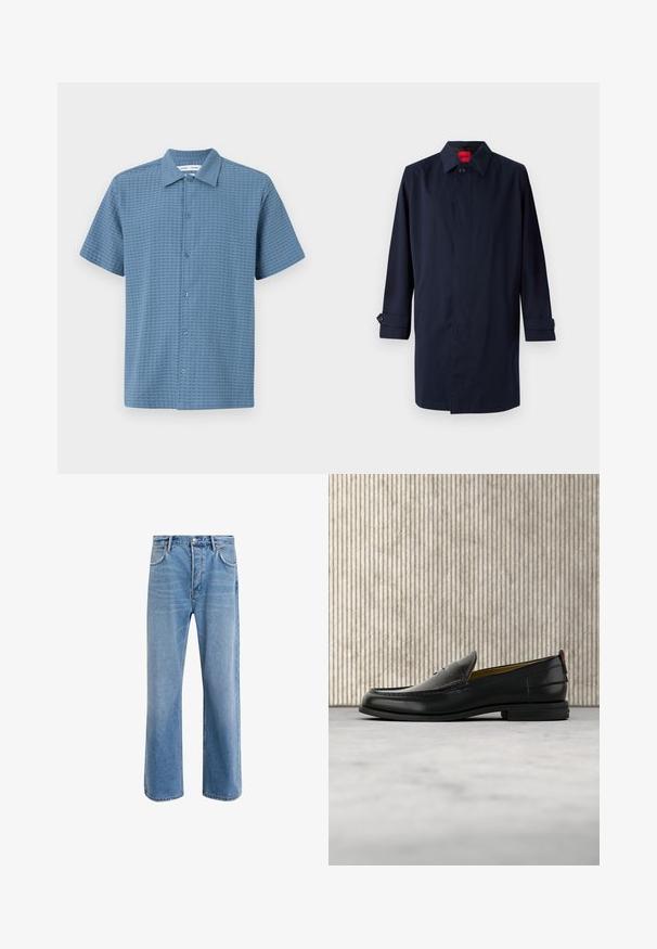 Mørkeblå trenchcoat med spids krave, enkelt knaplukning og oprullede ærmer med knapdetaljer. Glat tekstur, minimalistisk design.; Kortærmet skjorte med knaplukning i lyseblå, tekstureret stof, der har et rutenetmønster og en klassisk krave. Seks knaplukninger langs forsiden.; Lyseblå denim jeans med lige ben-design, fem lommer, knaplukning, minimal falming og kontraststingdetaljer.; Sort læder herreloafer med krokodillepræget forstykke og lav hæl, vist i profil på en neutral baggrund.