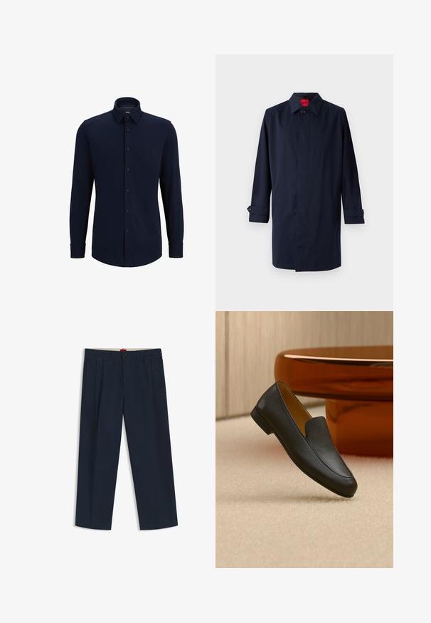 Mørkeblå trenchcoat med spids krave, enkelt knaplukning og oprullede ærmer med knapdetaljer. Glat tekstur, minimalistisk design.; Marineblå langærmet skjorte med knapper lavet af vævet stof, med klassisk krave, lige pasform og frontlukning med knapper.; Mørkeblå bukser med vide ben med bæltestropper, knaplukning og lynlås foran samt sidelommer, vist på en hvid baggrund.; Sort læder loafer sko, der hviler på beige tæppe med et blankt brunt rundt bord i baggrunden.