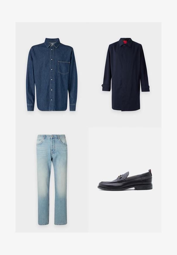 Mørkeblå trenchcoat med spids krave, enkelt knaplukning og oprullede ærmer med knapdetaljer. Glat tekstur, minimalistisk design.; Mørkeblå denimskjorte med lange ærmer, knaplukning foran og en enkelt brystlomme. Har en klassisk krave og lige kant.; Lyseblå jeans lavet af denim, med et lige ben-design, fem lomme-struktur og falmet vaskeffekt ved lårene.; Sort lædermokasin med grå tekstureret forfod, sølvfarvet metalspænde, lav hæl og trækflap bagpå.