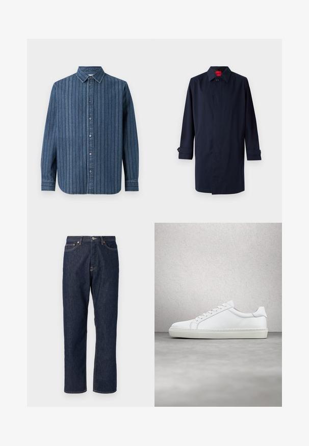 Marinblauer Trenchcoat mit spitzem Kragen, Ein-Knopf-Verschluss und hochrollbaren Ärmeln mit Knopfdetails. Gepflegte Textur, minimalistisches Design.; Samsøe Samsøe SADAMON SHIRT - Hemd - denim; Dunkelblaue Denimjeans mit geradem Bein-Design. Verfügt über einen Knopf- und Reißverschluss, fünf Taschen und Kontrastnähte.; Weißer Sneaker mit glattem Lederobermaterial und niedrigem Profil. Verfügt über eine runde Zehenpartie, sechs Ösen und eine strukturierte Gummisohle.