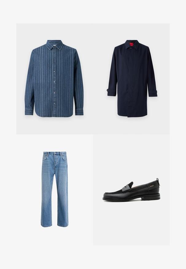 Tumesinine trench coat, millel on terav krae, ühe nööbiga kinni pandud ja üleskeeratud varrukad, millel on nööbiga aksendid. Sile tekstuur, minimalistlik disain.; Samsøe Samsøe SADAMON SHIRT - Pluus - denim; Heledad sinine teksapüksid otse lõikega, viie taskuga, nupuga sulgemine, minimaalne kulumine ja kontrastsed õmbluse detailid.; Must nahast loafer halli rihma detailiga, madala kand ja tekstuurse tallaga, külgedel kuldse "HUGO" brändiga.