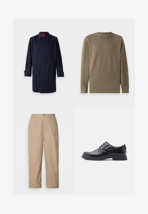 Mørkeblå trenchcoat med spids krave, enkelt knaplukning og oprullede ærmer med knapdetaljer. Glat tekstur, minimalistisk design.; Olivengrøn langærmet tekstureret top med rund hals og ribbet stof, der har lige skårne sømme og strukturerede ærmer.; Beige, lette bomuldsbukser med plisset front, knaplukning og lige ben, der har en glat tekstur og ingen synlige mønstre.; Sorte snørestøvler i læder med glat tekstur, rundet tå og diskrete syningsdetaljer. Har en rød trækflig på hælen.