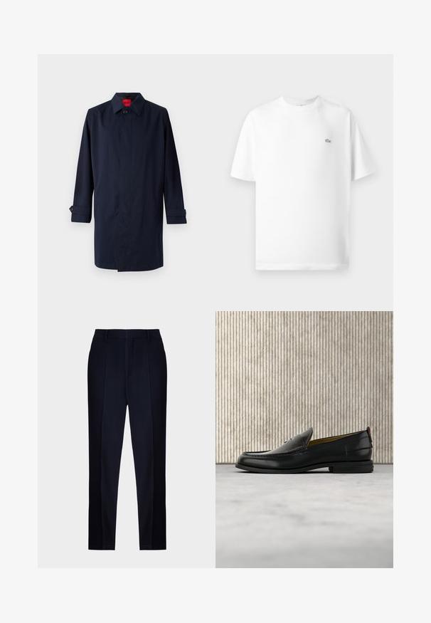 Tumesinine trench coat, millel on terav krae, ühe nööbiga kinni pandud ja üleskeeratud varrukad, millel on nööbiga aksendid. Sile tekstuur, minimalistlik disain.; Valge puuvillane T-särk ümmarguse kaeluse ja lühikeste varrukatega. Vasakul rinna küljes on väike must Lacoste'i logo.; Tumed sinise värvusega kohandatud püksid sujuva tekstuuriga, millel on lame esiosa, vöölenksud ja kitsenev jalgeosa disain.; Meeste mustast nahast mokassiin, mille pealiskihil on krokodillinahast muster ja madal konts, esitletud profiilis neutraalsel taustal.