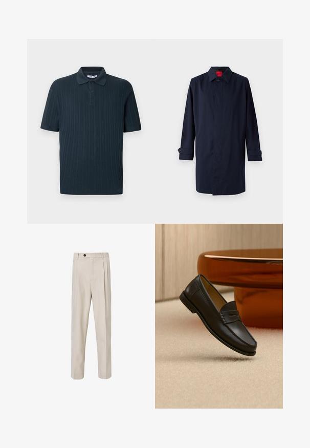 Mørkeblå trenchcoat med spids krave, enkelt knaplukning og oprullede ærmer med knapdetaljer. Glat tekstur, minimalistisk design.; Mørkeblå kortærmet poloshirt med ribbet tekstur, der har en krave og slidse med tre knapper.; Beige skræddersyede bukser med lige ben-design, der har frontplisseringer, knaplukning og en glat tekstur.; Sort læder loafer-sko hængende over beige tæppe med ravfarvet moderne møblement i baggrunden.