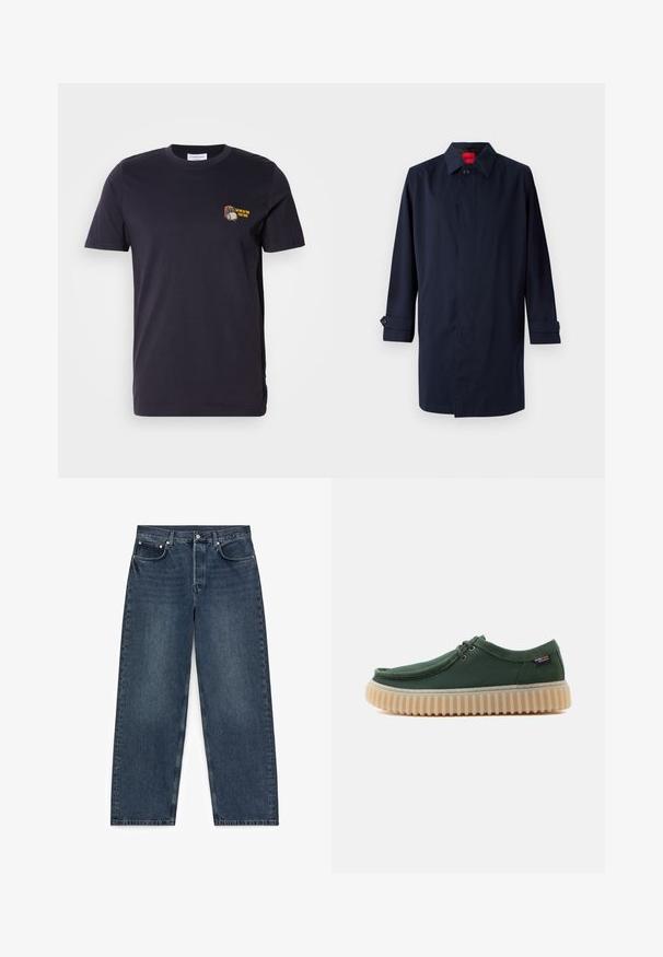 Tumesinine trench coat, millel on terav krae, ühe nööbiga kinni pandud ja üleskeeratud varrukad, millel on nööbiga aksendid. Sile tekstuur, minimalistlik disain.; Tumed tumesinine puuvilla T-särk lühikeste varrukatega ja ümar kaelus. Vasakul rinnakorvil on väike broderi kujundus tekstiga.; Tumesinised sirgelõikelised teksapüksid, millel on viis taskut ja nööpkinnitused, asetatud valgele taustale.; Tumeroheline vabaajajalats paelaga ees, õmmeldud detailide ja paksu beeži soonilise tallaga, valgel taustal.