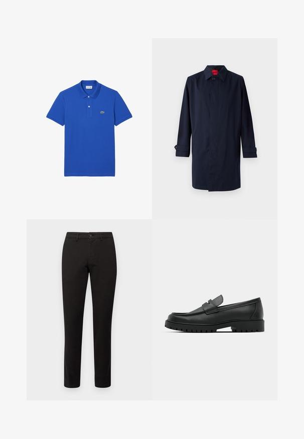 Abrigo trench de color azul marino con cuello puntiagudo, cierre de un botón y mangas enrollables con detalles de botones. Textura suave, diseño minimalista.; Polo azul hecho de algodón, con un cuello clásico, una tapeta de dos botones y un logo de cocodrilo verde en el lado izquierdo del pecho.; Chinos negros de corte slim, fabricados en una mezcla de algodón. Cuenta con un cierre de botón en la parte delantera y cinco bolsillos. Textura suave y detalles mínimos.; Mocasines de cuero negro con punta redonda, que cuentan con un diseño cosido, suela de plataforma baja y una suela de goma texturada y con tacos.