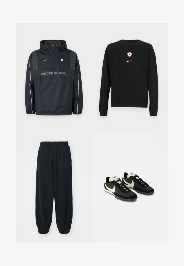 Sort Nike Shox hættetrøje med halv lynlås, hvide striber på ærmerne, Nike-logo og teksten "NIKE SHOX" på fronten.; Sort sweatshirt i bomuldsblanding med et centralt rødt og hvidt Jordan-logo i form af et skjold og et hvidt Nike-logo nedenunder. Rund hals og lange ærmer.; Sorte svedbukser med elastisk talje, løs pasform, afsluttede ankler, glat tekstur og uden synlige mønstre eller hardware-detaljer.; Sorte sportssko med en struktureret overdel, hvid swoosh-logo og gummisål med små stik til trækkraft. Elfenbensfarvet krave.
