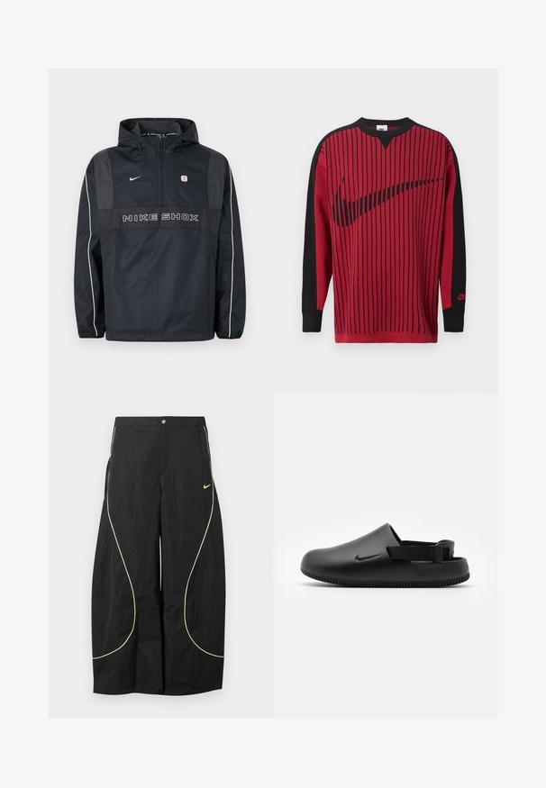Schwarze Nike Shox Kapuzen-Pulloverjacke mit halbem Reißverschluss, weißen Paspeln an den Ärmeln, Nike-Logo und "NIKE SHOX" Schriftzug auf der Vorderseite.; Roter Strick-Sweatshirt mit schwarzen vertikalen Streifen, schwarzen Ärmeln und einem schwarzen Nike-Logo. Verfügt über einen Rundhalsausschnitt und gerippte Bündchen.; Schwarze Nike-Hose mit weitem Bein, neongrünem, geschwungenem Paspel und kleinem Nike-Swoosh-Logo auf dem rechten Oberschenkel, mit Knopf- und Reißverschlussbund.; Schwarze geformte Clogs mit glatter Textur, einem Hinterriemen für Stabilität und einer geriffelten Sohle für Grip. Mit kleinem Logo an der Seite.