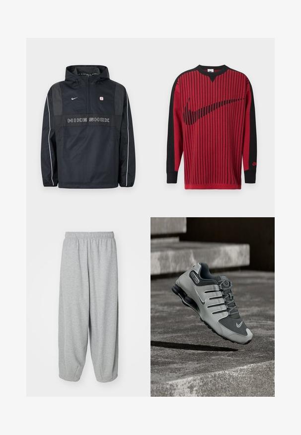 Sort Nike Shox hættetrøje med halv lynlås, hvide striber på ærmerne, Nike-logo og teksten "NIKE SHOX" på fronten.; Rød strikket sweatshirt med sorte lodrette striber, sorte ærmer og en sort Nike-logo. Har rund hals og ribbet ærmekanter.; Lys grå, løstsiddende sweatpants lavet af blød stof. Elastisk talje og manchetter ved anklerne. Enkel og udekoreret design.; Grå og sort Nike Shox sportssko svæver over en tekstureret betonoverflade med skygger nedenunder.
