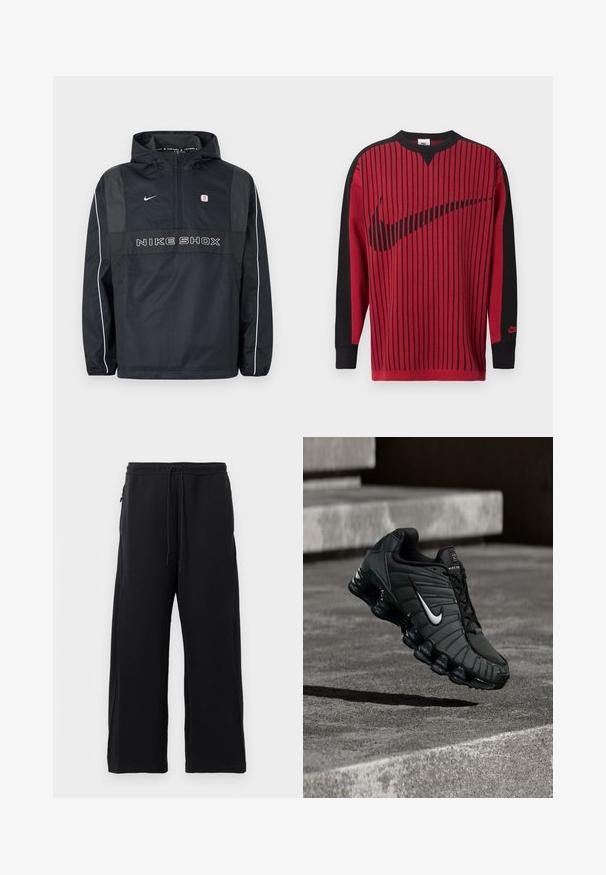 Must Nike Shoxi kapuutsiga pullover-jope pool-zippiga, valgete triipudega varrukatel, Nike logo ja "NIKE SHOX" tekst ees.; Punane kootud dressipluus mustade vertikaalsete triipude, mustade varrukate ja musta Nike logoga. Omadused: ümara kaelusega ja soonikkoes varrukasäärtega.; Mustad mustad, pehmest kangast, tõmbluku ülesehitusega, laiad jalad ja küljetaskud, mis omavad siledat tekstuuri.; Nike spordijalatsid tumerohelises värvuses, millel on sile sünteetiline ülemine osa, võrkmaterjal, mustad paelad ja läikiv tald, kus on õhupehmendus.