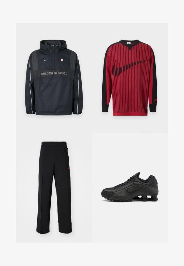 Sort Nike Shox hættetrøje med halv lynlås, hvide striber på ærmerne, Nike-logo og teksten "NIKE SHOX" på fronten.; Rød strikket sweatshirt med sorte lodrette striber, sorte ærmer og en sort Nike-logo. Har rund hals og ribbet ærmekanter.; Svarte sweatpants med løs pasform, der har røde detaljer og lommer på siderne. Materialet ser blødt ud med en glat tekstur.; Sorte løbesko med en glat syntetisk overdel, perforerede detaljer, teksturerede sidedele og en distinkt fjedrende sål.
