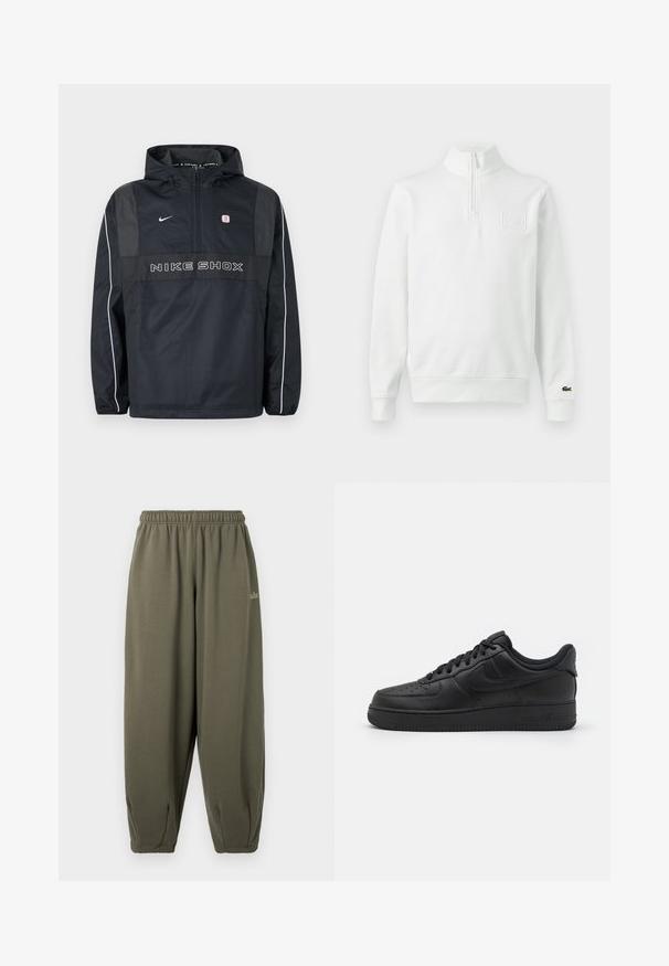 Sort Nike Shox hættetrøje med halv lynlås, hvide striber på ærmerne, Nike-logo og teksten "NIKE SHOX" på fronten.; Hvid langærmet sweatshirt med kvart-lynlås og ståkrave, ribbet manchetter og kant, Lacoste-logo på manchetten og brystmærke foran.; Grågrønne sweatpants med elastisk talje og manchetter. Har minimal branding i matchende tråd på siden. Blød tekstur.; Nike Sportswear AIR FORCE 1 07 FLYEASE - Sneakers - black