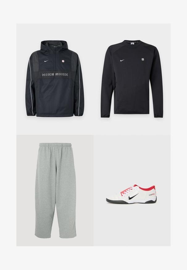 Schwarze Nike Shox Kapuzen-Pulloverjacke mit halbem Reißverschluss, weißen Paspeln an den Ärmeln, Nike-Logo und "NIKE SHOX" Schriftzug auf der Vorderseite.; Schwarzer Nike Sport-Sweatshirt mit langen Ärmeln und Rundhalsausschnitt, weißer Nike Swoosh auf der Brust und kleinem quadratischem Logo auf der rechten Seite.; Hellgraue Jogginghose mit elastischem Bund, schmal zulaufendem Bein und weicher Textur. Keine sichtbaren Markenlogos oder Muster.; Weißer Sportschuh mit roten Akzenten, schwarzem Swoosh-Logo und strukturiertem Design. Mit weißen Schnürsenkeln und schwarzem Außensohle. Text lautet "total90."