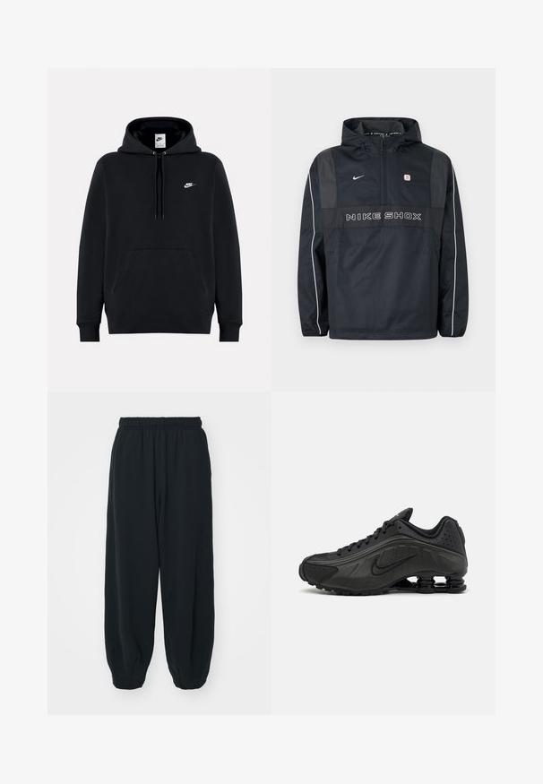 Zwarte Nike Shox capuchontrui met halve rits, witte bies op de mouwen, Nike-logo en "NIKE SHOX" tekst aan de voorkant.; Zwarte Nike-trui met capuchon, voorvak, trekkoorden en klein wit Nike-logo op de linkerborst.; Zwarte, elastiche sweatpants met een losse pasvorm, manchetten aan de enkels, een zachte textuur en zonder zichtbare patronen of hardwareaccenten.; Zwarte hardloopschoenen met een glad bovenwerk van synthetisch materiaal, geperforeerde accenten, gestructureerde zijpanelen en een opvallende veerkrachtige zool.